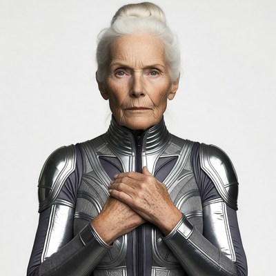 Elderly woman in silver futuristic armor