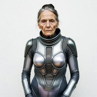 Elderly woman in futuristic armor