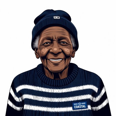 Elderly African man smiling in Coastal sweater