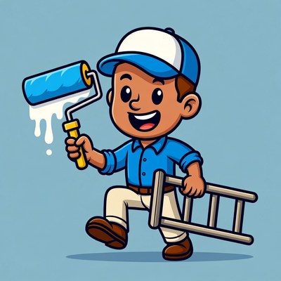 Cartoon painter carrying ladder and roller