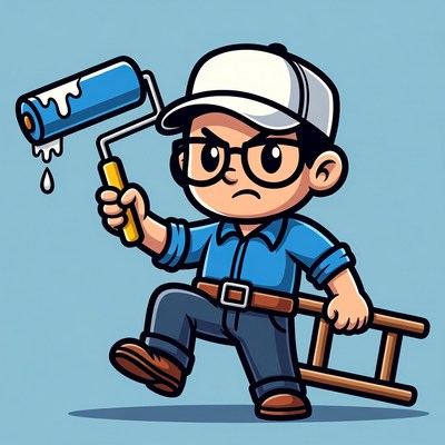Cartoon boy painter with roller and ladder