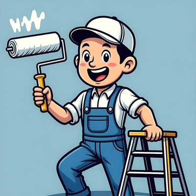 Cartoon painter man with roller and ladder