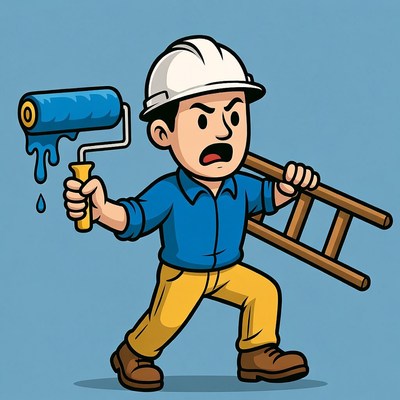 Cartoon painter man with ladder and roller
