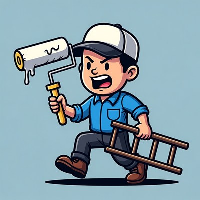Cartoon painter carrying ladder and roller