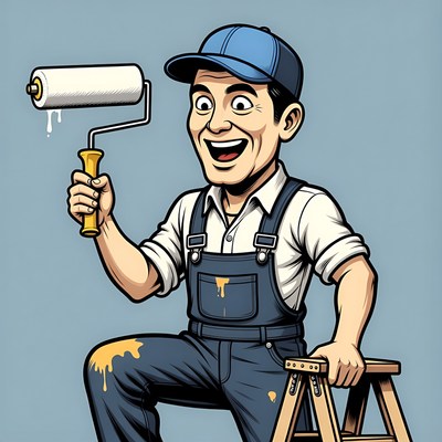 Cartoon painter man on ladder