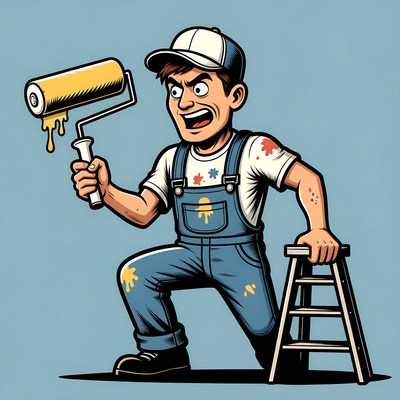 Cartoon painter man on ladder