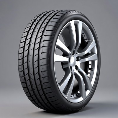 Black car tire with silver alloy wheel