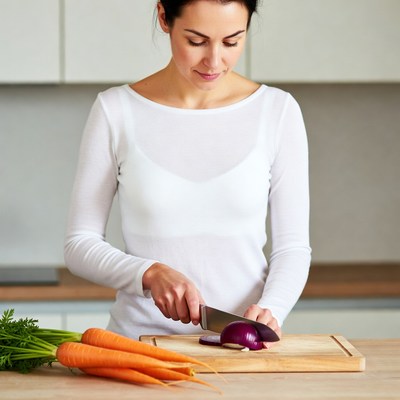 Woman chopping onion with carrots