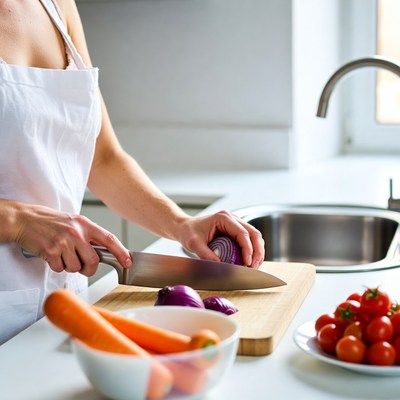 Woman chopping onion in kitchen