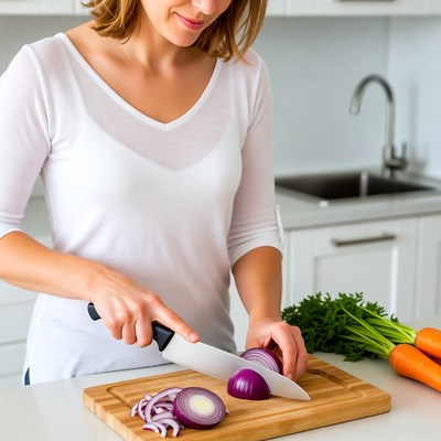 Woman chopping onions in kitchen