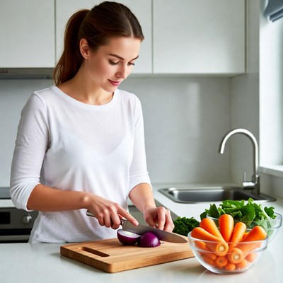 Woman chopping onion in kitchen
