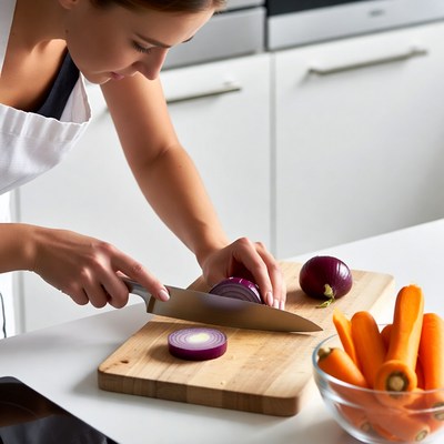 Woman chopping onion and carrots