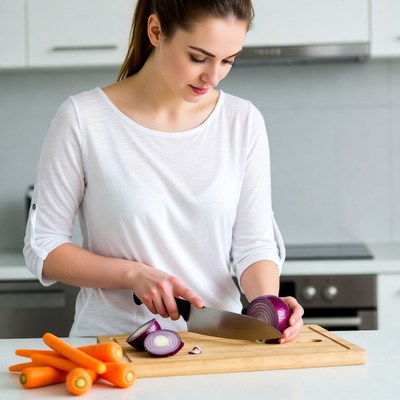 Woman chopping onion in kitchen