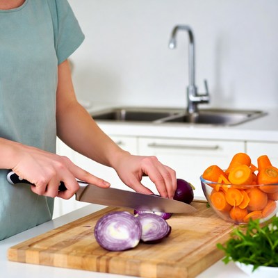 Woman chopping vegetables in kitchen