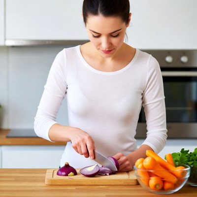 Woman chopping onions in kitchen