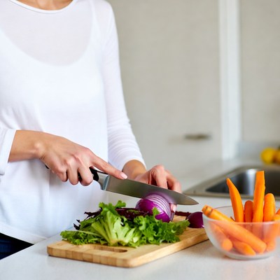 Woman chopping onion and carrots