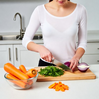 Woman chopping vegetables in kitchen