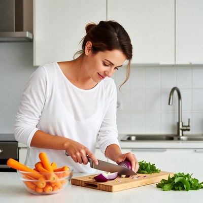 Woman chopping onion and carrots