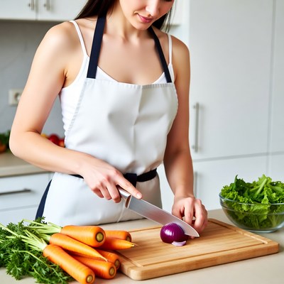 Woman chopping onion in kitchen