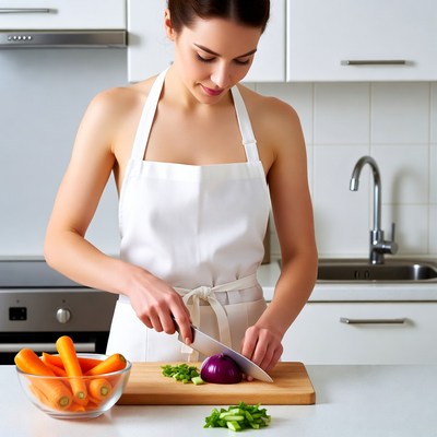 Woman chopping vegetables in kitchen