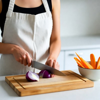 Woman chopping onions in kitchen