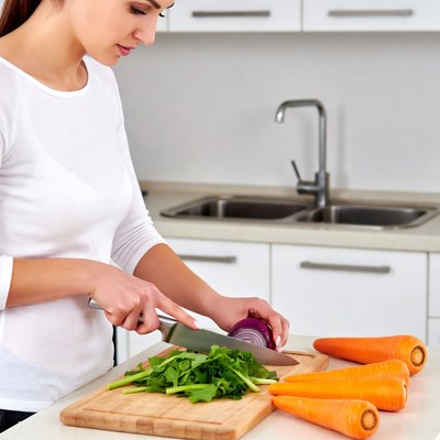 Woman chopping vegetables in kitchen