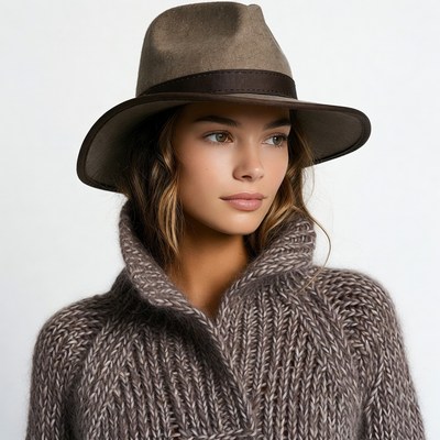 Woman wearing brown fedora hat
