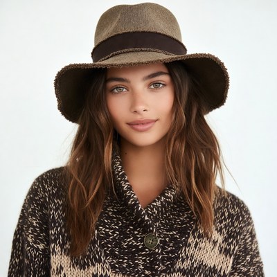 Woman wearing brown floppy hat