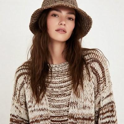 Woman wearing crochet hat sweater