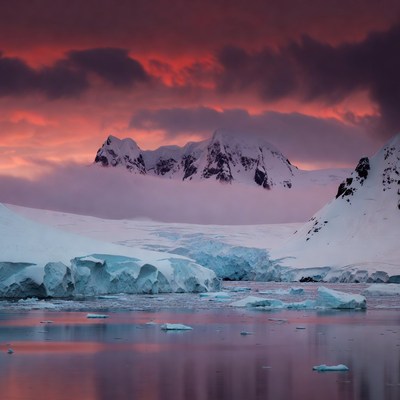 Snowy Mountains and Icebergs at Sunset
