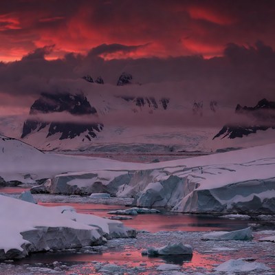 Red Sunset Over Antarctic Iceberg Landscape