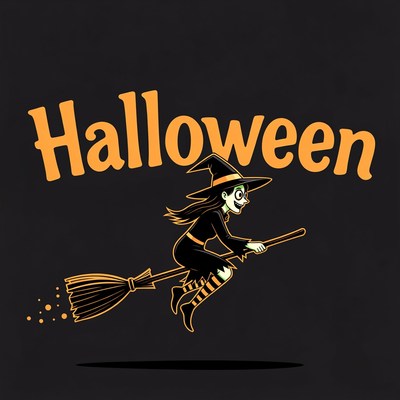 Cartoon Witch Flying on Broomstick