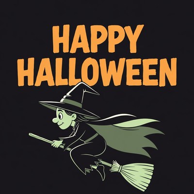 Cartoon Witch Flying on Broom Happy Halloween