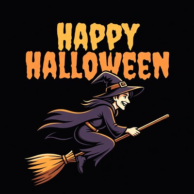 Cartoon Witch Flying on Broom Happy Halloween
