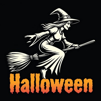 Witch Flying on Broomstick Halloween Illustration