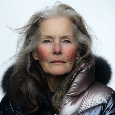 Elderly woman in shiny parka