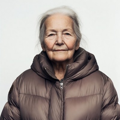 Elderly woman in brown hooded jacket