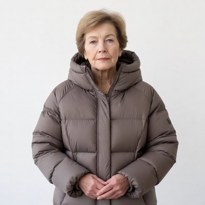 Elderly woman in hooded puffer jacket