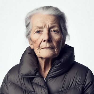 Elderly woman in brown puffer jacket