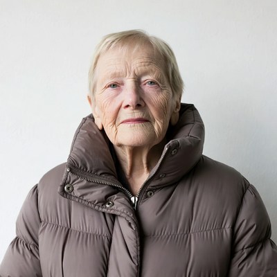 Elderly woman in brown puffer jacket