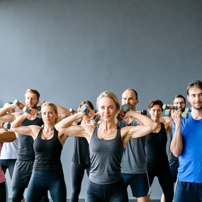 Group doing dumbbell shoulder presses