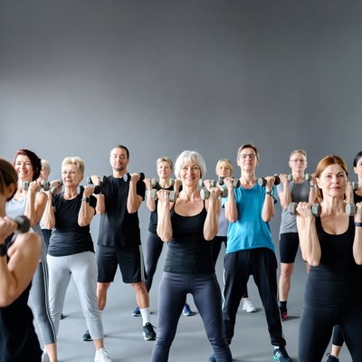 Group lifting dumbbells in gym