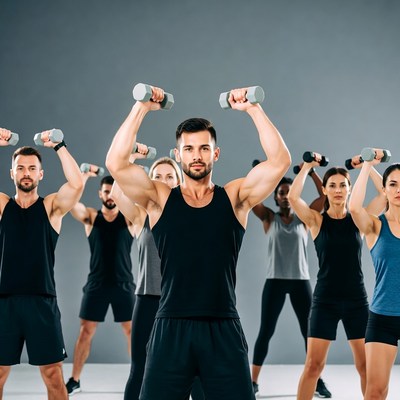 Group doing dumbbell arm raises