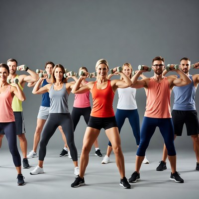 Group of men and women lifting dumbbells