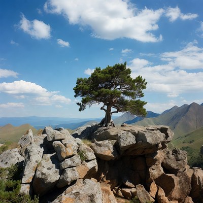 Lone pine tree on rocky mountain peak