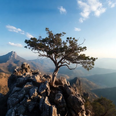 Solitary pine tree on mountain cliff