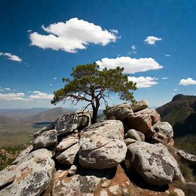 Lone pine tree on rocky mountain summit