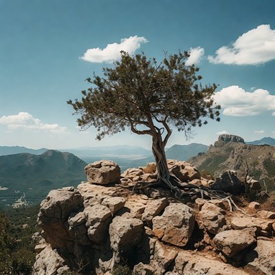 Lone pine tree on rocky mountain