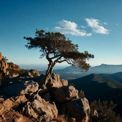 Solitary pine tree on rocky mountain cliff
