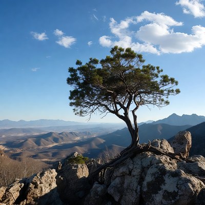 Lone pine tree on rocky mountain overlook
